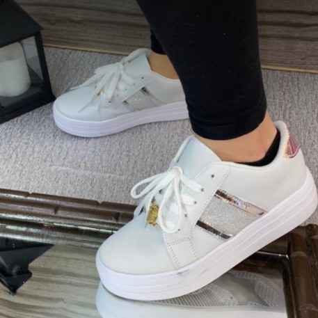 White and Silver Glitter Sneakers For Women